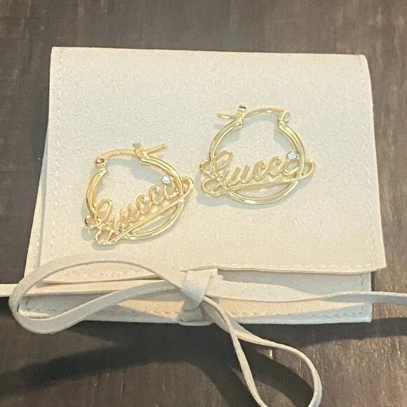 Retro Gucci Gold Hoop Earrings with Crystal Accent - Picture 2 of 3